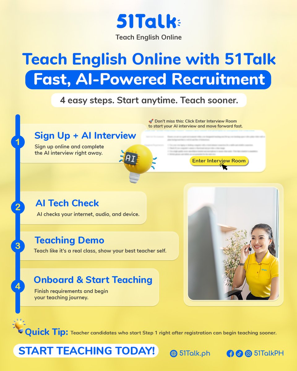 Skip the hassle—your fast-track to online teaching starts here. 51Talk's AI powered recruitment tools will guide you every step for a smoother launch. 

Click to begin: tinyurl.com/51Talk-Faceboo…

#51TalkGlobal #51TalkAIRecruitment