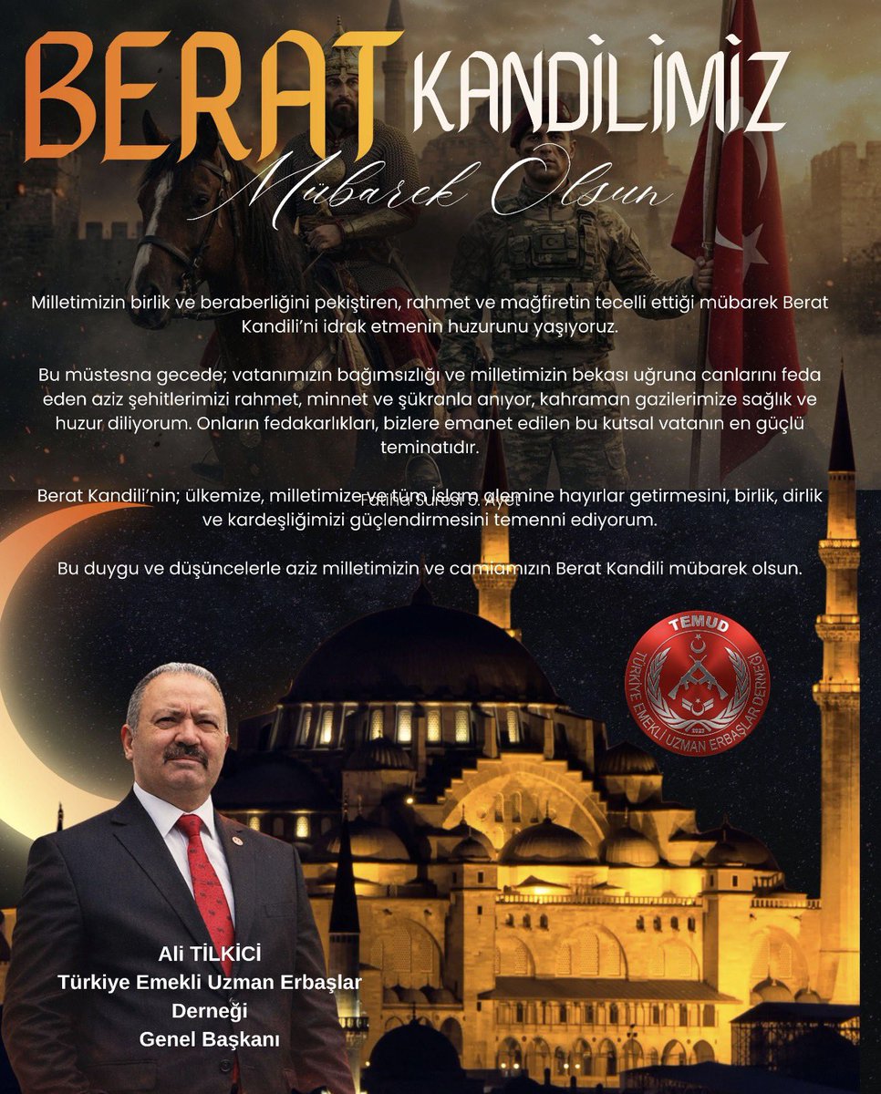 Milletimizin birlik ve beraberliğini pekiştiren, rahmet ve mağfiretin tecelli ettiği mübarek Berat Kandili’ni idrak etmenin huzurunu yaşıyoruz.

Bu müstesna gecede; vatanımızın bağımsızlığı ve milletimizin bekası uğruna canlarını feda eden aziz şehitlerimizi rahmet, minnet ve