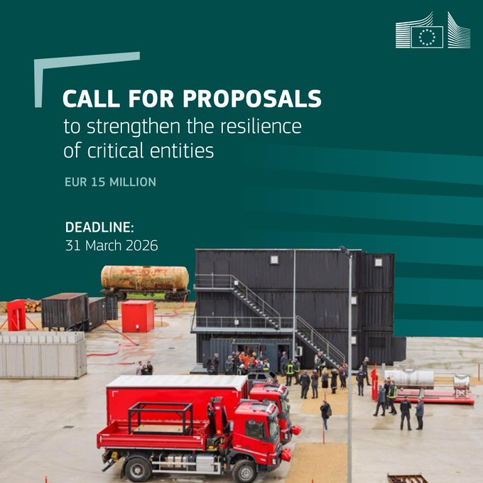 Apply for #EUfunding!    

➡️ <a href="/EU_Commission/">European Commission</a> provides EUR 15 million to support critical entities' resilience against threats, including terrorist attacks, sabotage, natural hazards and public health emergencies.         

Find out more: link.europa.eu/y3XBrK #SecurityEU