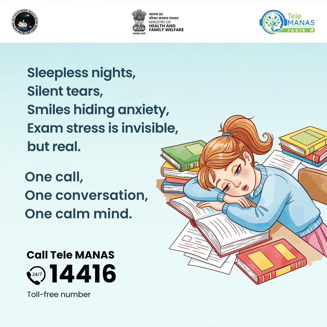 Exam pressure doesn’t always look obvious.
It can appear as tired minds, constant worry, and quiet overwhelm.
You’re not alone, and support can truly make a difference.
Tele MANAS is here to listen, 24/7.

#examstress #exampressure #studentwellbeing #youarenotalone