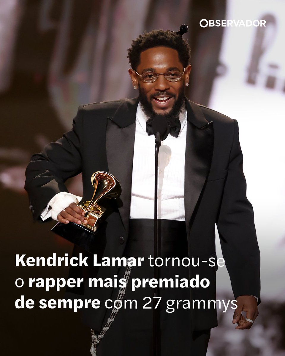 observadorpt's tweet image. Kendrick Lamar ganhou o Melhor Álbum Rap, Melhor Canção Rap e Luther, cantada com SZA, foi Melhor Performance de Rap Melódico e Gravação do Ano. Fez história ao ultrapassar Jay-Z como o rapper com mais Grammys de sempre.⁠

(📸 Getty Images)

#KendrickLamar #rapper #Grammys