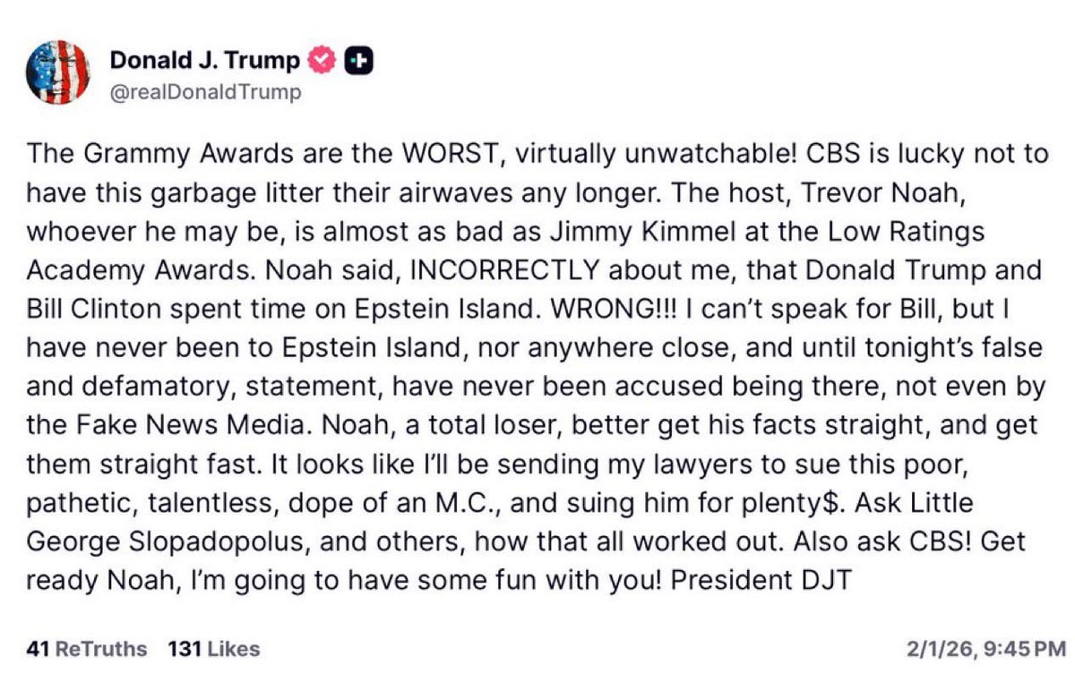 🇺🇸🇮🇱❗️Donald Trump has threatened legal action against CBS over remarks made during the Grammy Awards concerning his alleged ties to Jeffrey Epstein.

At the same time, cable networks such as CNN have reportedly exercised extreme caution in their Epstein-related coverage, aiming