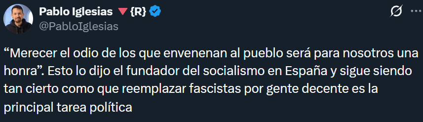 Os creéis que tenéis bailando a nazis y fascistas y lo que habéis logrado es que cuentas internacionales, en todos los idiomas, tengan el clip de una política de primer nivel y europarlamentaria que estan usando para convencer a más gente de que la teoría del gran reemplazo