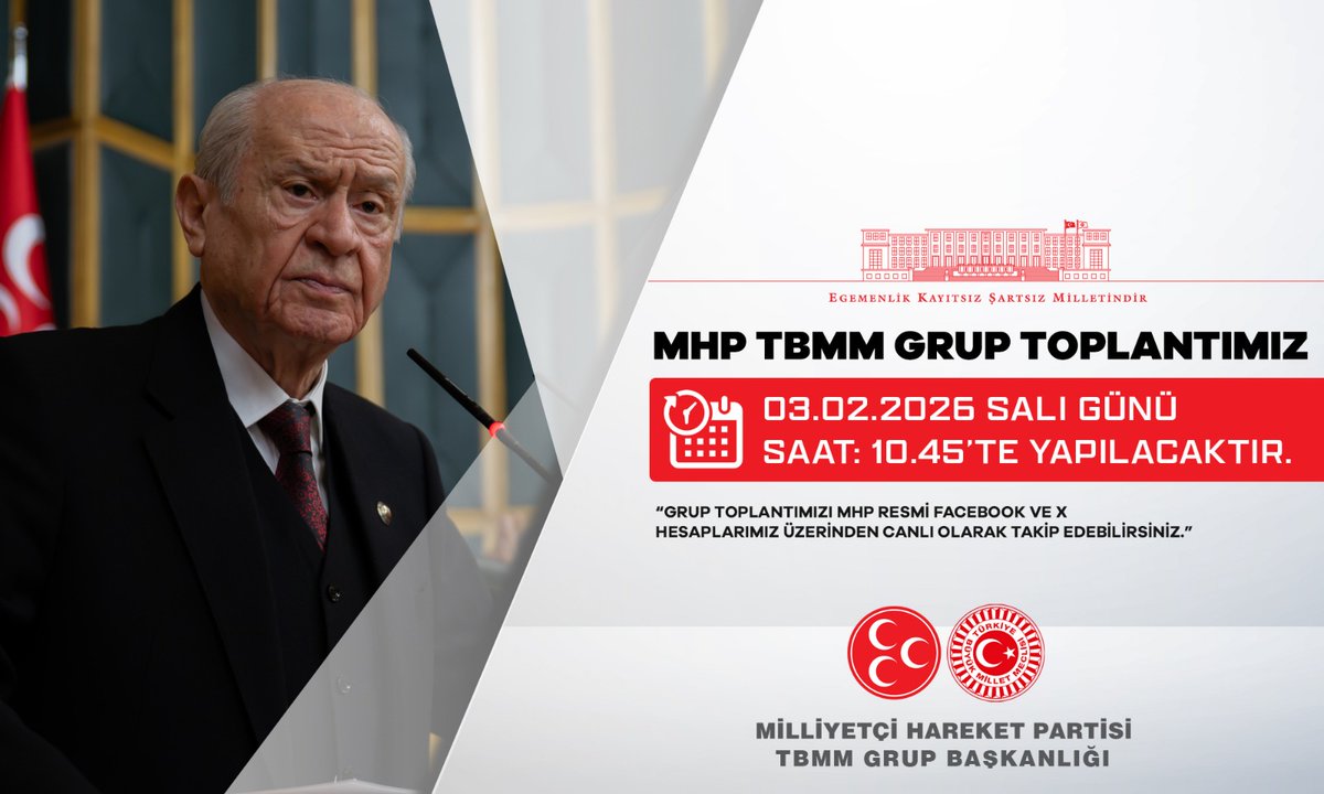 MHP TBMM Grup Toplantımız #03Şubat2026 Salı günü (Yarın) Saat:10.45'te yapılacaktır.

MHP TBMM GRUP BAŞKANLIĞI
<a href="/MhpTbmmGrubu/">MHP TBMM Grubu #MHP</a>