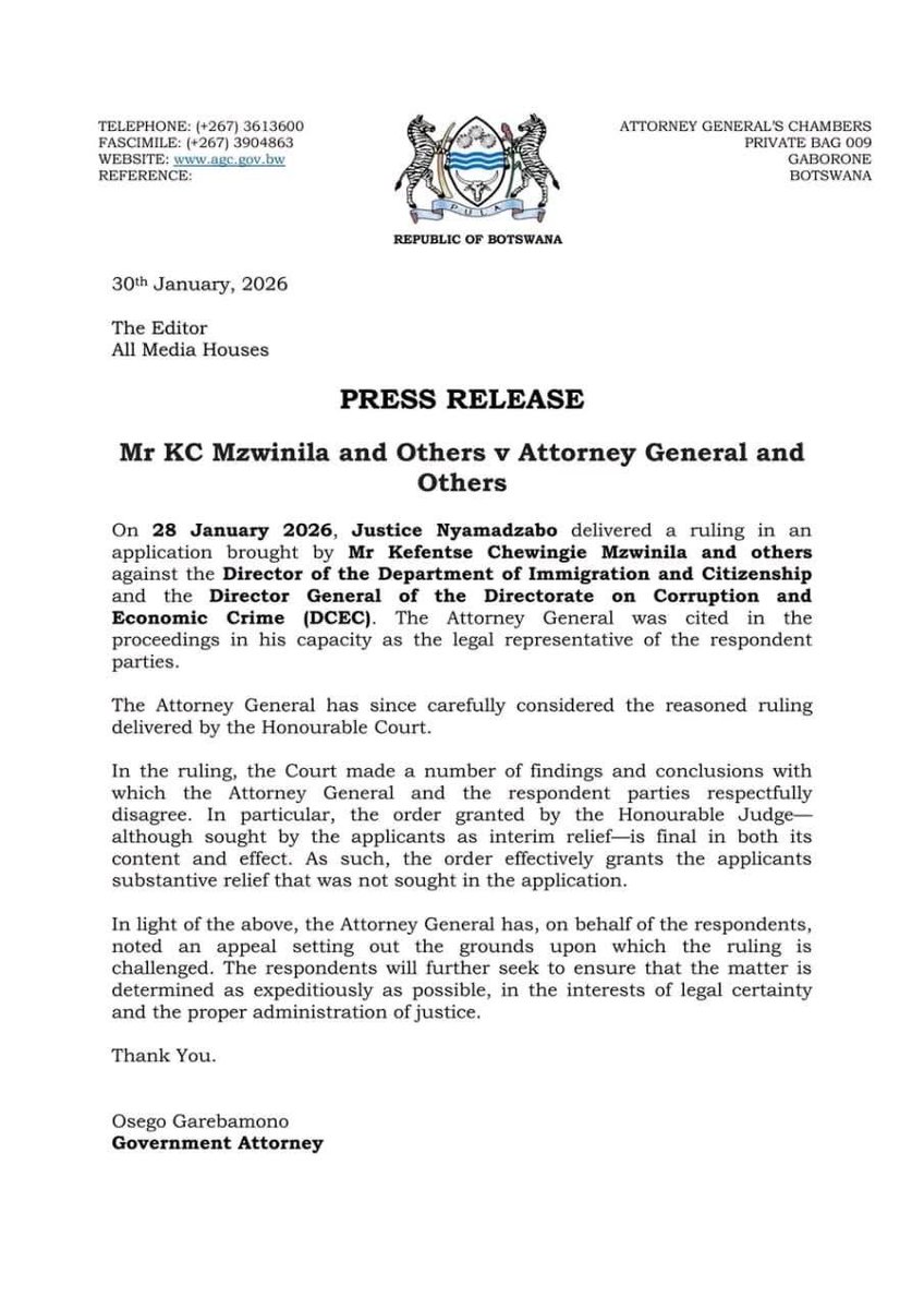 Government Appeals Mzwinila Ruling

The government has lodged an appeal against  the  Justice Barnabas Nyamadzabo ruling, where he delivered a verdict in favour of the former minister Dr Kefentse Mzwinila in one of his many  cases currently before the courts.

Mzwinila was