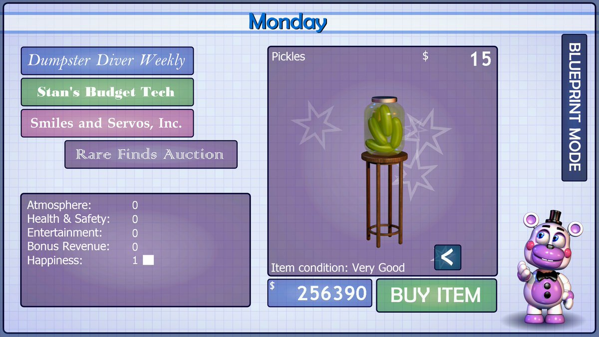 cream_cereal's tweet photo. rare mike fact: he likes pickles. or at  least ast he thinks the idea of displaying a pickle jar is funny enough to pay 15 dollars to do it. this is the only thing that gives a happiness point in the whole game #fnaf https://t.co/SLrePorMfM