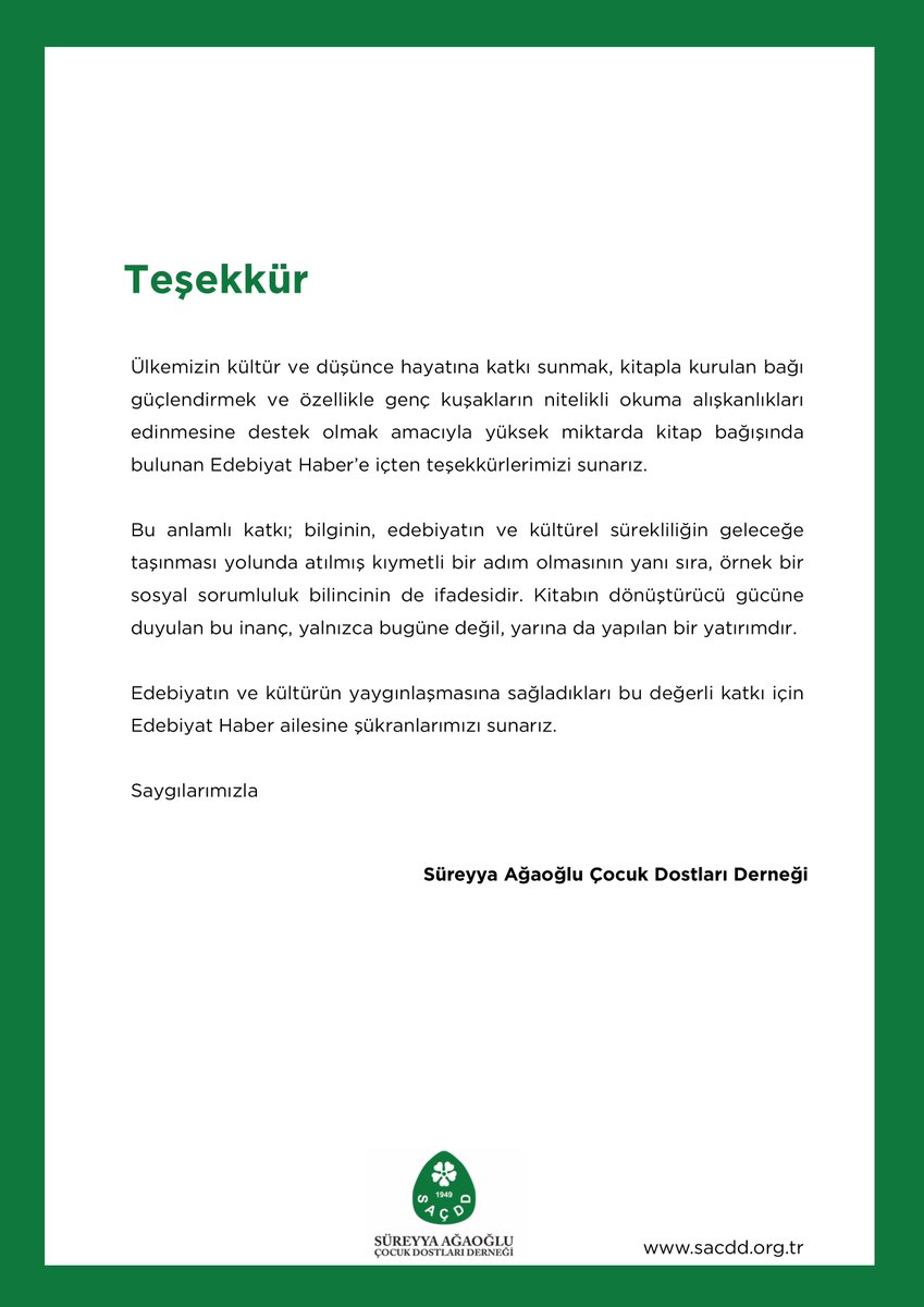 Edebiyat Haber ailesi olarak, genç kuşakların nitelikli kitaplarla buluşmasına aracılık eden Süreyya Ağaoğlu Çocuk Dostları Derneği’ne içten teşekkürlerimizi sunarız.
<a href="/sacdd1949/">Süreyya Ağaoğlu Çocuk Dostları Derneği</a>