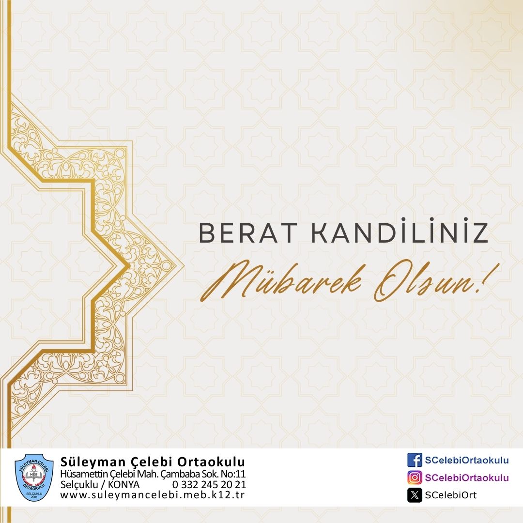 Berat Kandilinin ülkemize sağlık, huzur ve bereket getirmesini dileriz. Berat Kandiliniz mübarek olsun.