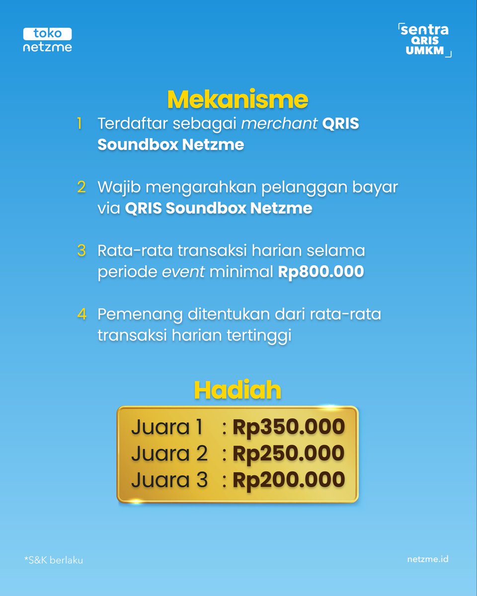 Siap Panjat Hoki di Bulan Februari? 🐎🔥
Yuk, makin semangat terima pembayaran pakai QRIS Soundbox Netzme! Ada total hadiah Rp800 Ribu buat kamu merchant dengan rata-rata transaksi harian tertinggi.