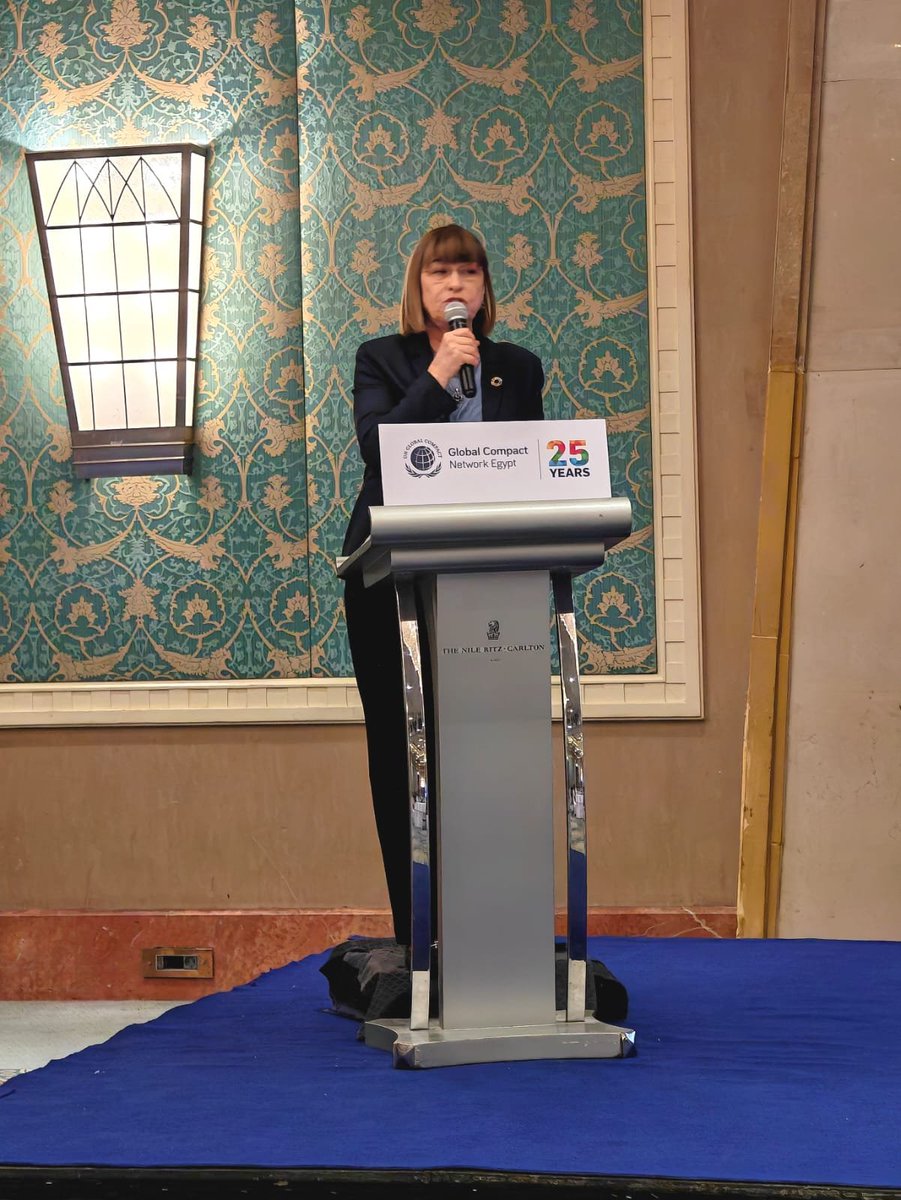 UNEgypt's tweet photo. #HappeningNow 
@UN Egypt's @elenapanovaUN joins business leaders and partners in Cairo to mark 25 years of the UN Global Compact in 🇪🇬—spotlighting the private sector’s role in advancing the #SDGs &amp; strengthening Egypt’s role in shaping a just &amp; green transition.
@MMohieldin27 https://t.co/GwdRILeEbE