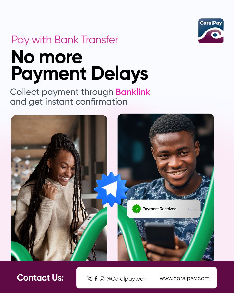 Delayed confirmations cost time and trust.

Banklink helps you collect via bank transfer and know immediately when funds land.

#CoralPay #Banklink #InstantPayments #Fintech #PaymentSolutions #PaywithBankTransfer