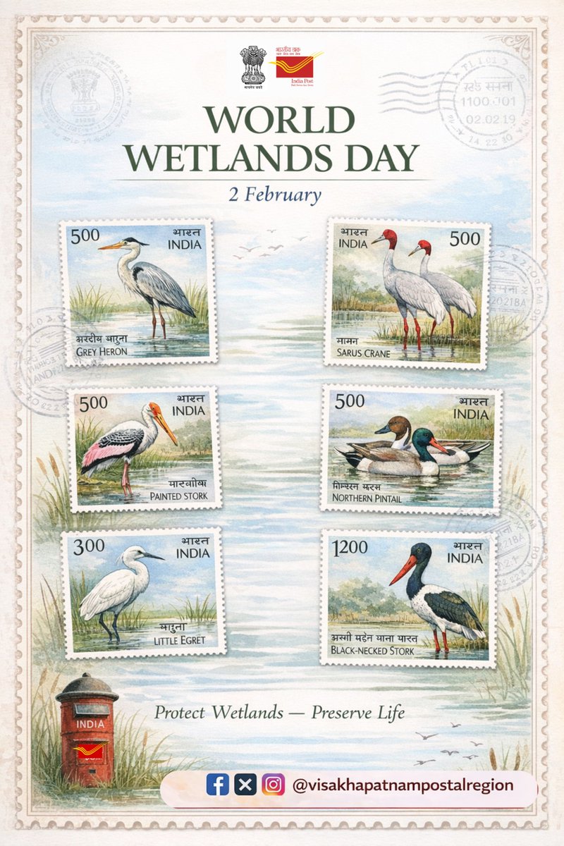 pmgvisakhapatna's tweet photo. Looking for a hobby that’s meaningful AND aesthetic? 👀📮
Explore philately with India Post this #WorldWetlandsDay — where stamps showcase wetlands, birds, and biodiversity.
Collect. Learn. Protect.
#philately #reachout #exploreourearth #GreenIndia#indiapost https://t.co/LpM0jaya2U