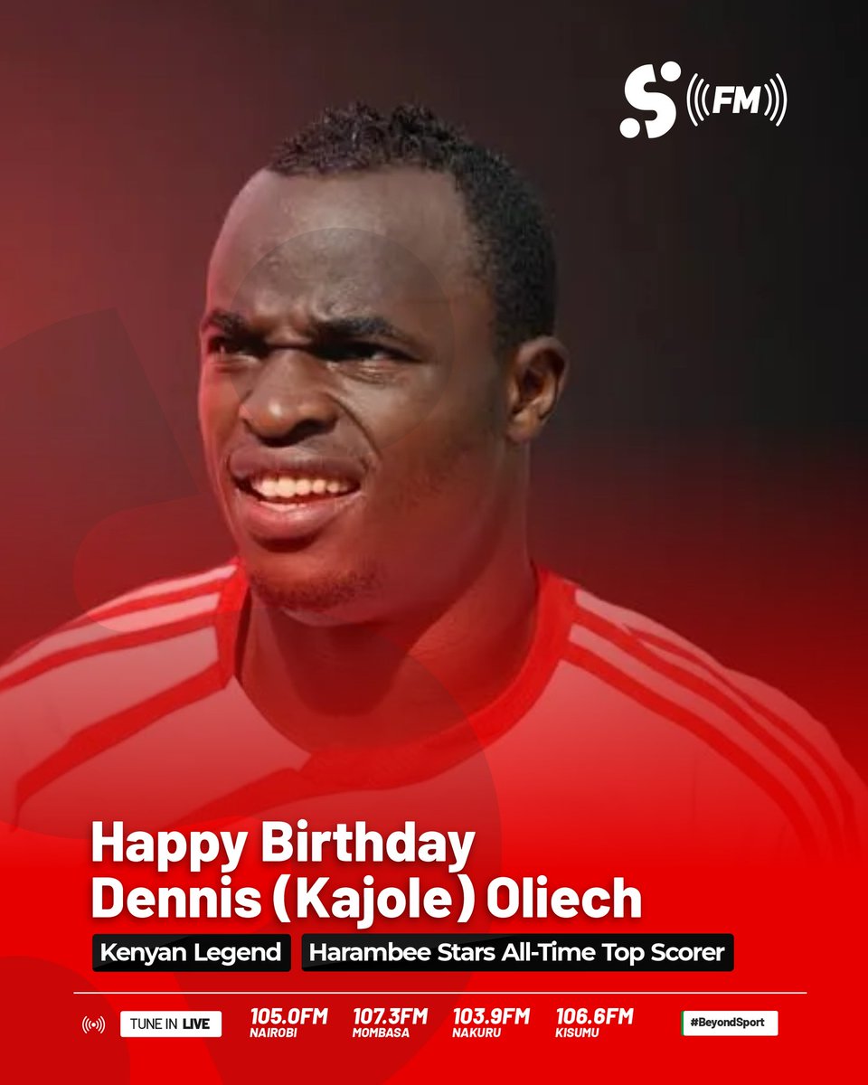 SportyFMKE's tweet photo. Happy Birthday to Dennis Oliech! 
Kenya’s football legend and Harambee Stars’ all-time top scorer. A leader on the pitch and an inspiration off it!
Your goals and legacy have shaped a generation of footballer. 
Thank you for making Kenyan football unforgettable
#TheBreakPoint https://t.co/jr0WdGtJcb