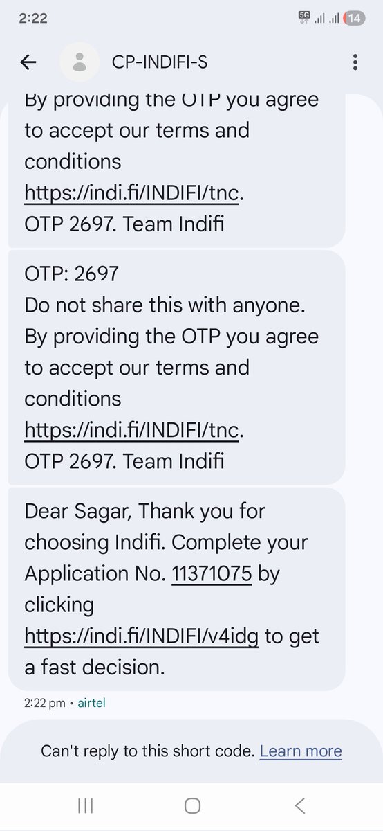 MisbahRehaman's tweet photo. I am receiving OTP and loan application SMS from Indifi Finance without applying for any loan. This is a clear case of unauthorized use of my mobile number &amp; potential identity misuse.Complaint being raised @IndifiIndia @cyberdost #cybercrime #IdentityTheft #FinancialFraud https://t.co/VIwL5wmteG