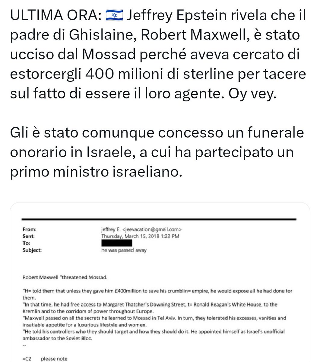 Quello che sta emergendo dagli #EpsteinFiles dovrebbe essere ovunque la prima notizia, invece qui si parla ancora di un poliziotto picchiato da 4 stronzi, uscito dopo 3 ore dall'ospedale con 20 giorni di prognosi, buono per criminalizzare tutta la sinistra e 50000 manifestanti.