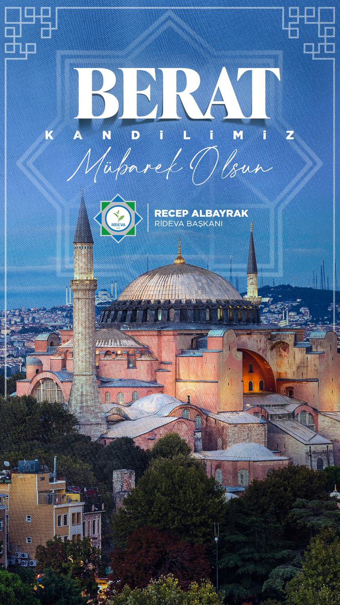 RİDEVA ailesi olarak;
Ramazan ayının müjdecisi Mübarek Berat gecesinin milletimiz, islam alemi ve tüm insanlık için hayra ve barışa vesile olmasını,sağlık ve sıhhat getirmesini niyaz ederiz.
Allah yar ve yardımcımız olsun.
Recep ALBAYRAK
RİDEVA Başkanı