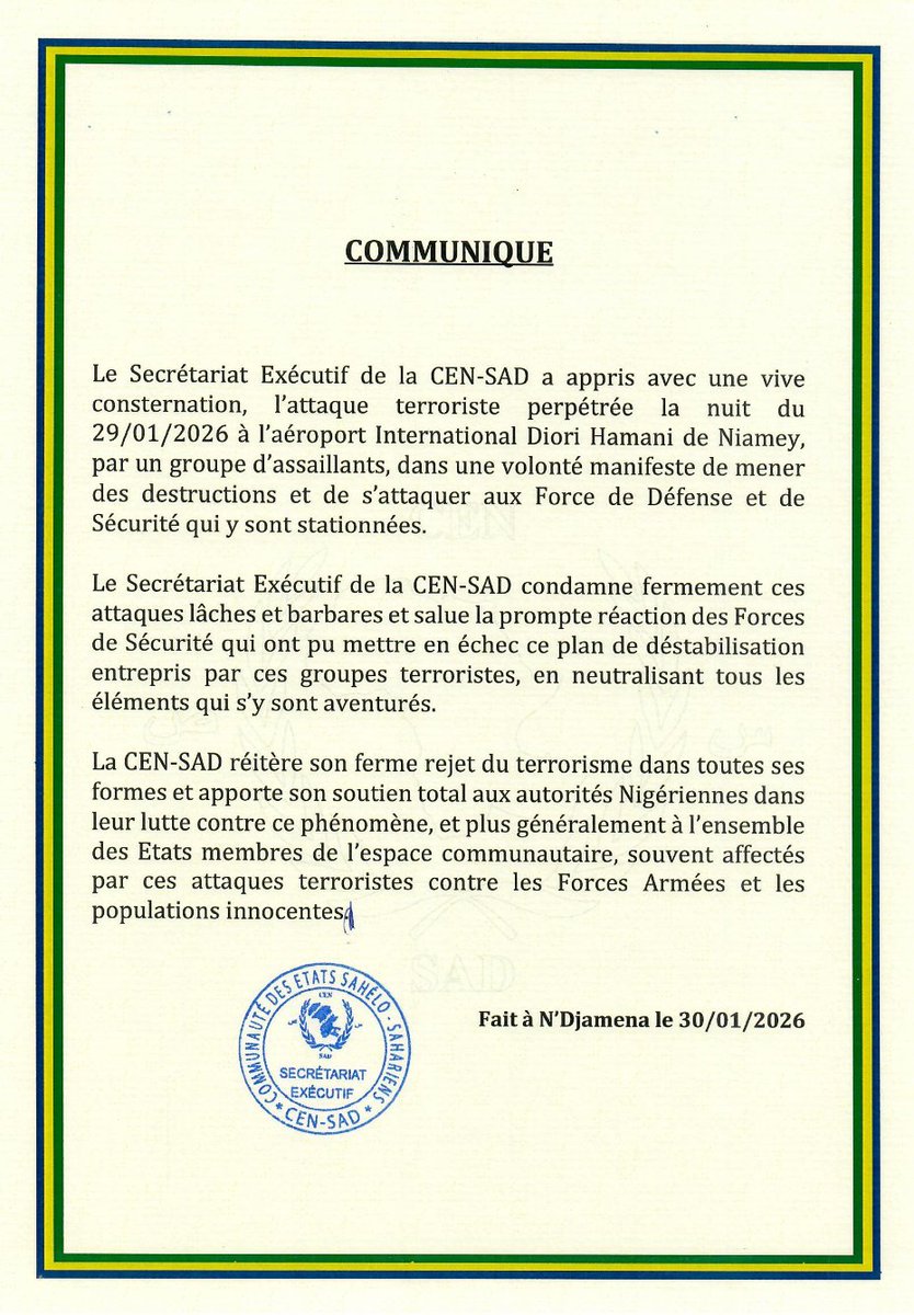 CensadExecutif's tweet photo. Communiqué de Presse sur l’attaque terroriste perpétrée la nuit du 29 janvier 2026 à l’aéroport international Diori Hamani de Niamey (Niger).

Lire les communiqués sur : https://t.co/ssQf2RuXmF https://t.co/0CaciXeVto