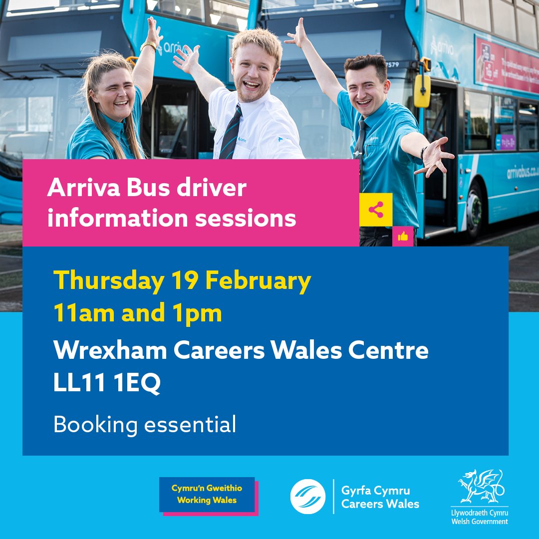 CareersWales's tweet photo. Live near Wrexham? Looking for a fresh start?

Arriva Bus is recruiting drivers at their #Wrexham &amp; #Chester depots.
 
📅19 Feb | ⏰ 11am–12pm or 1pm–2pm |📍 Wrexham Careers Wales Centre

Full UK driving license required.

Sign up today: https://t.co/mBzZ0mULWt 

@arrivabuswales https://t.co/95VcLYWcKF