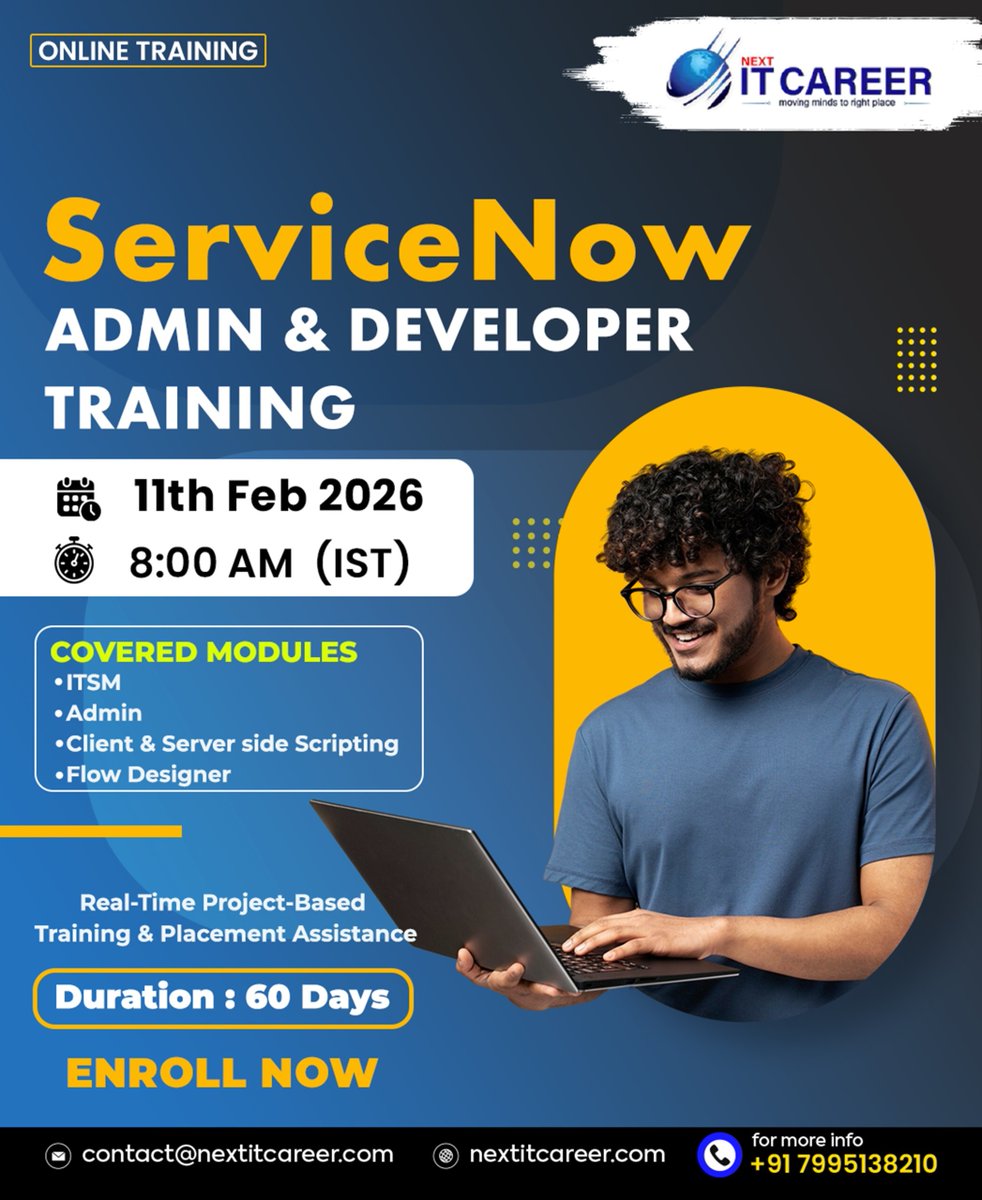 NextITCareerr's tweet photo. Become a Certified ServiceNow Admin &amp; Developer – Online Training!

Join our ServiceNow Admin &amp; Developer Online Training

📅 Start Date: 11th Feb 2026
⏰ Time: 8:00 AM (IST)
⏳ Duration: 60 Days
🎓 Mode: Online 

#nextitcareer #servicenow #servicenowadmin #servicenowdeveloper https://t.co/VefcDMBsYU