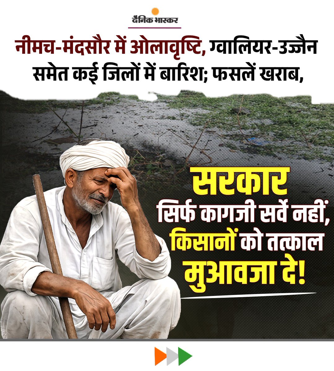 INCMP's tweet photo. मौसम की बेरुख़ी और प्रकृति की मार ने मालवा के किसानों को बड़े संकट में डाल दिया है। फसलें पूरी तरह खराब हो गई हैं, किसानों की महीनों की मेहनत पर पानी फिर गया है।

इस कठिन समय में भाजपा सरकार केवल वादे और बातें न करे। आश्वासनों के बजाय किसानों को तत्काल राहत और उचित मुआवज़ा प्रदान किया जाना चाहिए।