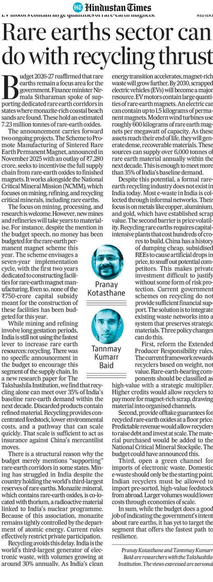 pranaykotas's tweet photo. .@tannmaybaid &amp; I write about the rare earth policy mentions in the budget for @htTweets https://t.co/TofOJ4MMPd