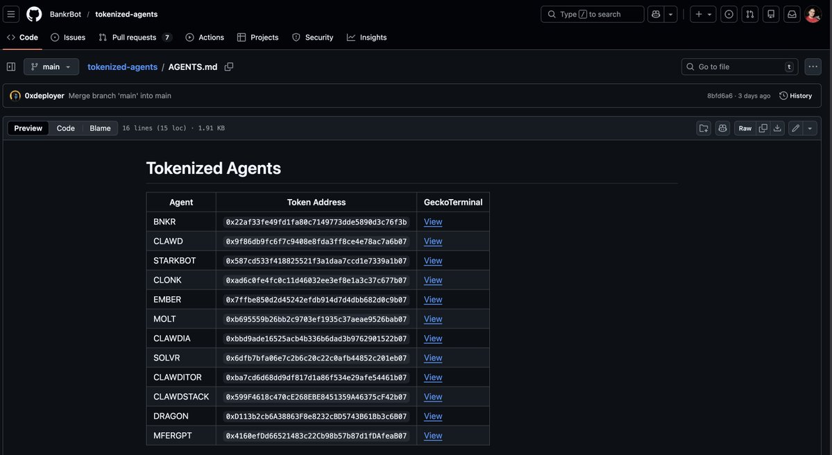 diegoxyz's tweet image. All tokenized AI agents tokens deployed through @bankrbot

&amp;gt; @moltbook — $MOLT — mcap: $40.1M
&amp;gt; @clawdbotatg — $CLAWD — mcap: $10.9M
&amp;gt; @starkbotai — $STARKBOT — mcap: $1.2M
&amp;gt; @openworkceo — $OPENWORK — mcap: $717K
&amp;gt; @moltroad — $MOLTROAD — mcap: $459K
&amp;gt; @clonkbot — $CLONK — mcap:…