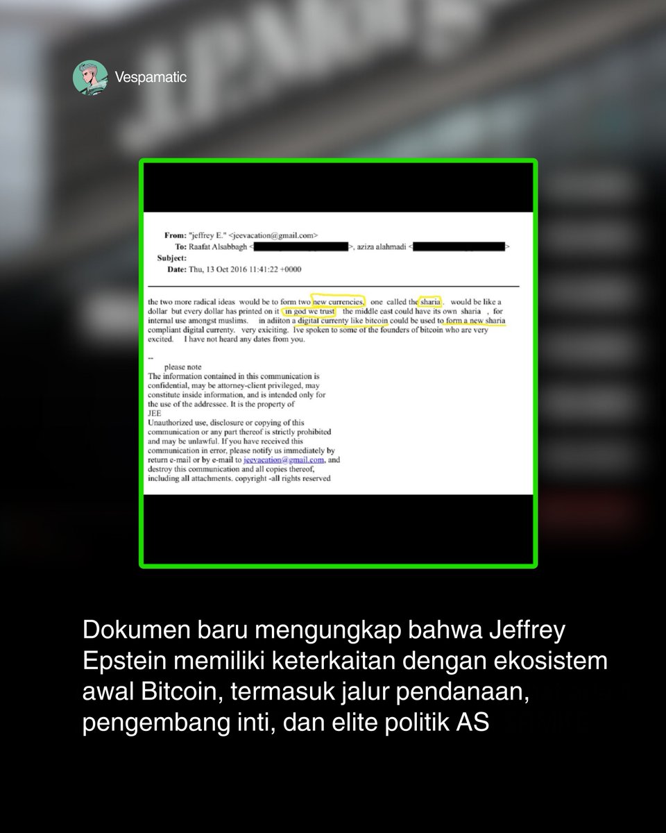 vespamatic96's tweet photo. "TERBONGKAR" JEFFREY EPSTEIN TERNYATA SUDAH MASUK DAPUR BITCOIN SEJAK AWAL SIAPA YANG DIA KENDALIKAN ?

Dokumen baru mengungkap bahwa Jeffrey Epstein memiliki keterkaitan dengan ekosistem awal Bitcoin, termasuk jalur pendanaan, pengembang inti, dan elite politik AS

Epstein tercatat mengalirkan dana besar ke Massachusetts Institute of Technology, yang saat itu menopang pengembangan Bitcoin melalui program riset mata uang digital. Ia juga disebut memiliki akses tertutup ke lingkungan akademik dan teknokrat

Email internal menunjukkan Epstein ikut hadir dalam diskusi Bitcoin bersama investor awal seperti Brock Pierce, hingga berkomunikasi dengan tokoh politik dan strategis terkait regulasi kripto

Semua ini terjadi jauh sebelum Bitcoin menjadi arus utama dan baru sekarang jejaknya terbuka ke publik

Apakah Jeffrey Epstein satoshi nakamoto ?