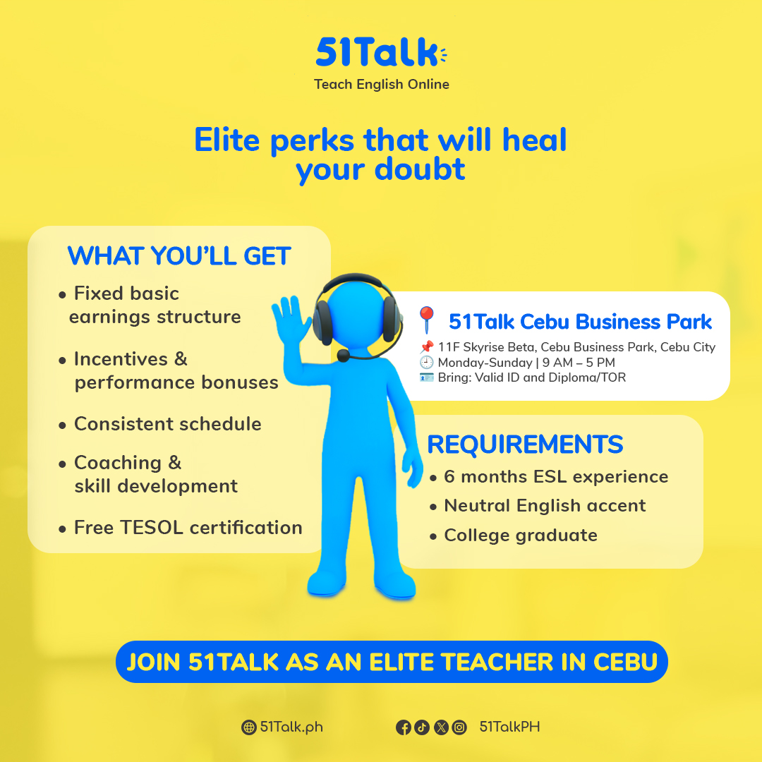 The real pain isn’t trying — it’s never starting. Turn doubt into opportunity and build a rewarding teaching career at 51Talk Cebu.

Teach at 51alk Center in Cebu and take your first step today.

Sign up here: tinyurl.com/Cebu51Talk