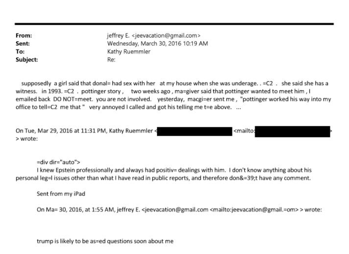 montee51's tweet photo. Here's Jeffrey Epstein communicating with Trump in early 2016, and again in late 2016 post election celebrating fixing their "Katie Johnson problem"
For reference, Macgyver is Epstein's nickname for Trump. https://t.co/yGgiymJoRj