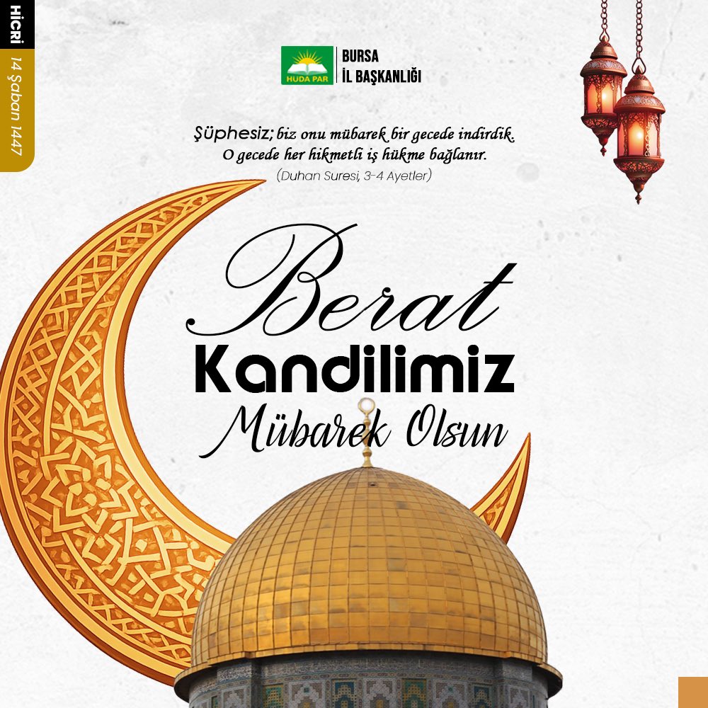 Tüm İslam aleminin Berat Kandilini tebrik eder, başta Filistin, Doğu Türkistan ve zulme uğrayan tüm coğrafyaların kurtuluşuna vesile olmasını temenni ederiz. Kandilimiz Mübarek Olsun.✨🌙