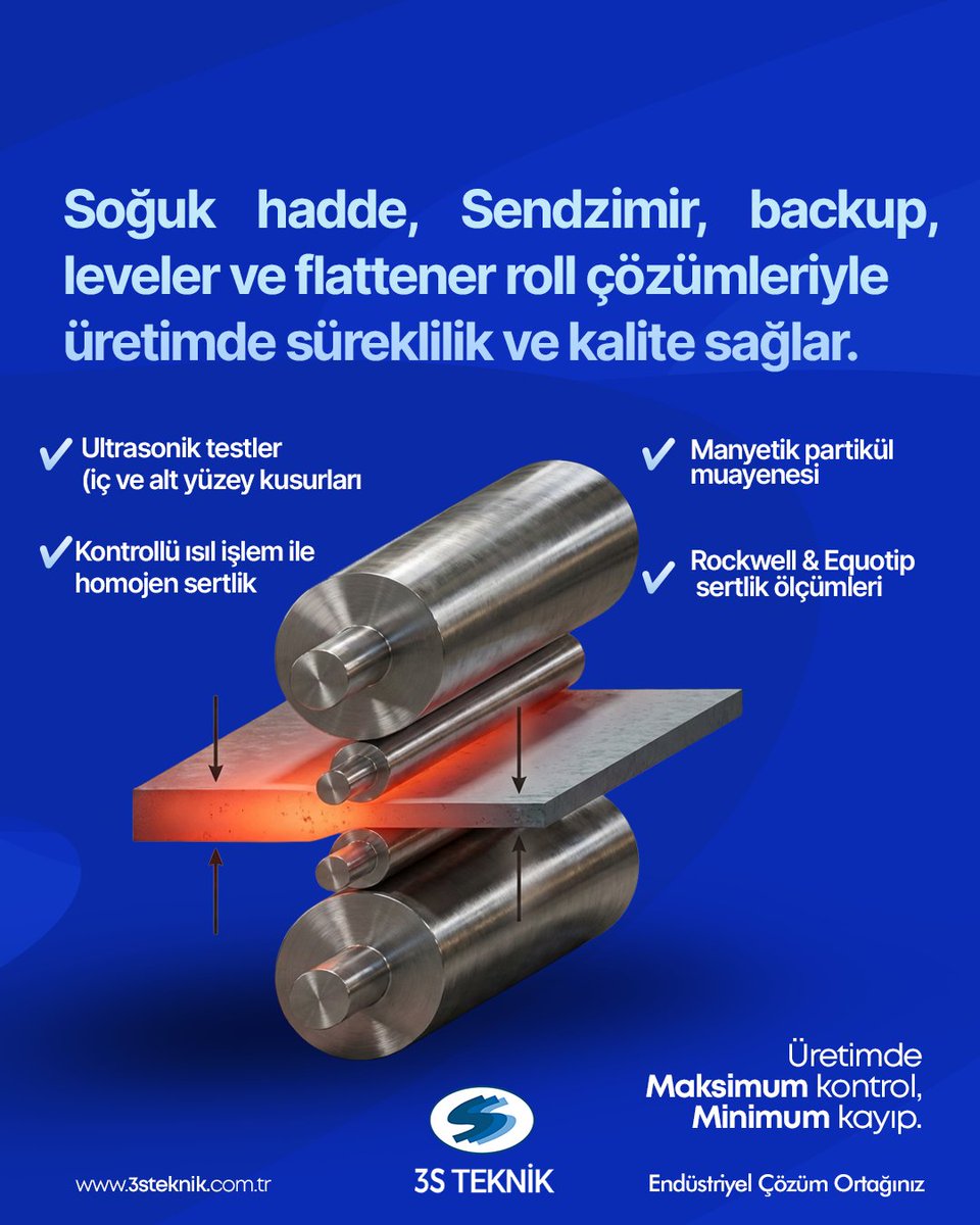 Soğuk hadde, Sendzimir, backup, leveler ve flattener roll çözümleriyle üretimde süreklilik ve kalite sağlar.

Sendzimir, 6Hi, 4Hi, 2Hi, skin-pass, leveler ve tube mill roll çözümleri; aşınma direnci, tokluk ve sertlik açısından en zorlu çalışma koşulları için tasarlanır.
