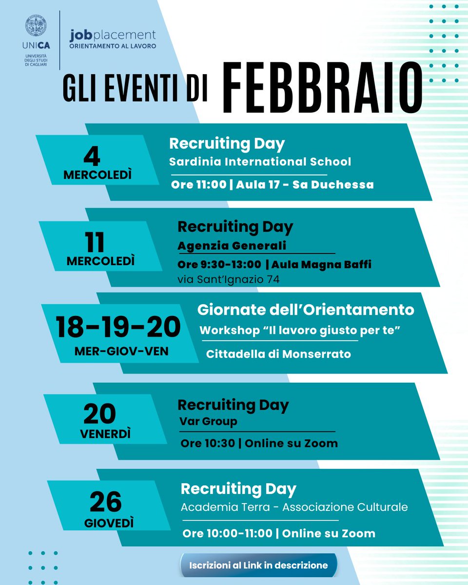 Febbraio ricco di opportunità con UniCa JobPlacment per studenti, studentesse e laureati/e UniCa
🗓️ Seguite la pagina per scoprire tutti i dettagli dei singoli eventi.

👉 Iscrizioni: heylink.me/UniCaJobPlacem…