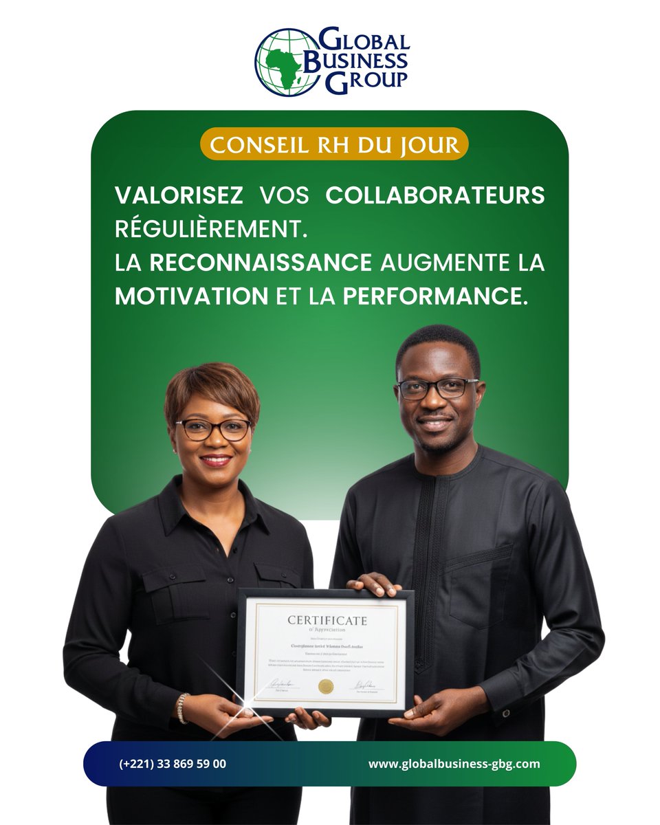 Global_GBG's tweet photo. 💼 Conseil RH du jour
Valorisez vos collaborateurs régulièrement : la reconnaissance renforce l’engagement, la motivation et la performance collective. 🚀
#RH #Management #Leadership #Motivation #Performance https://t.co/VirrLunagR