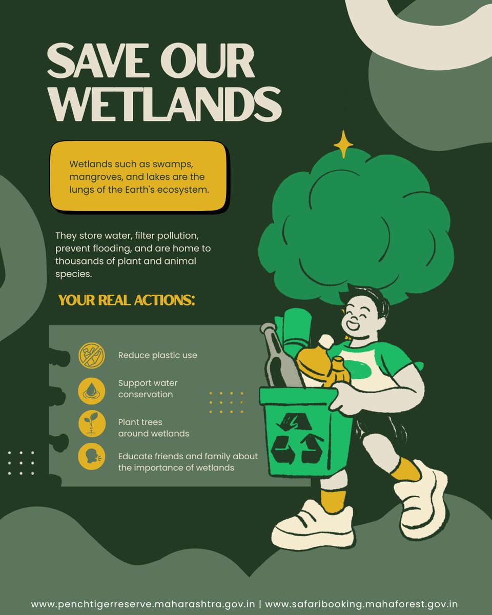 MahaPenchTiger's tweet photo. World Wetlands Day
Wetlands are nature’s lifeline — storing water, preventing floods, recharging groundwater, and giving shelter to countless species.

#WorldWetlandsDay #ProtectWetlands #NatureLifeline #PenchTigerReserve #WetlandsMatter https://t.co/1H5eiz4Bzi