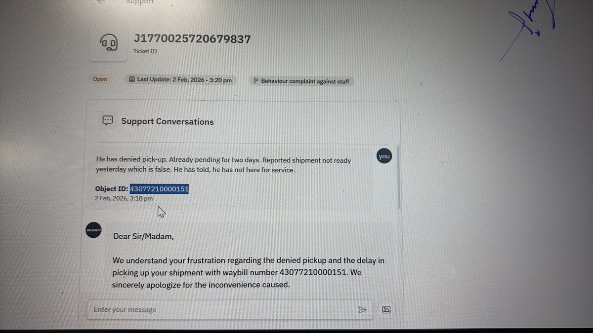 jayantaroy1's tweet photo. @help_delhivery Our shipment no:43077210000151 is ready for pick up from yesterday,which was not picked.When we called the executive he misbehave with my wife,doesn’t know how speak to a lady and denied service.He told there is no one to pickup.Please look into. https://t.co/EpjBtQTzqZ