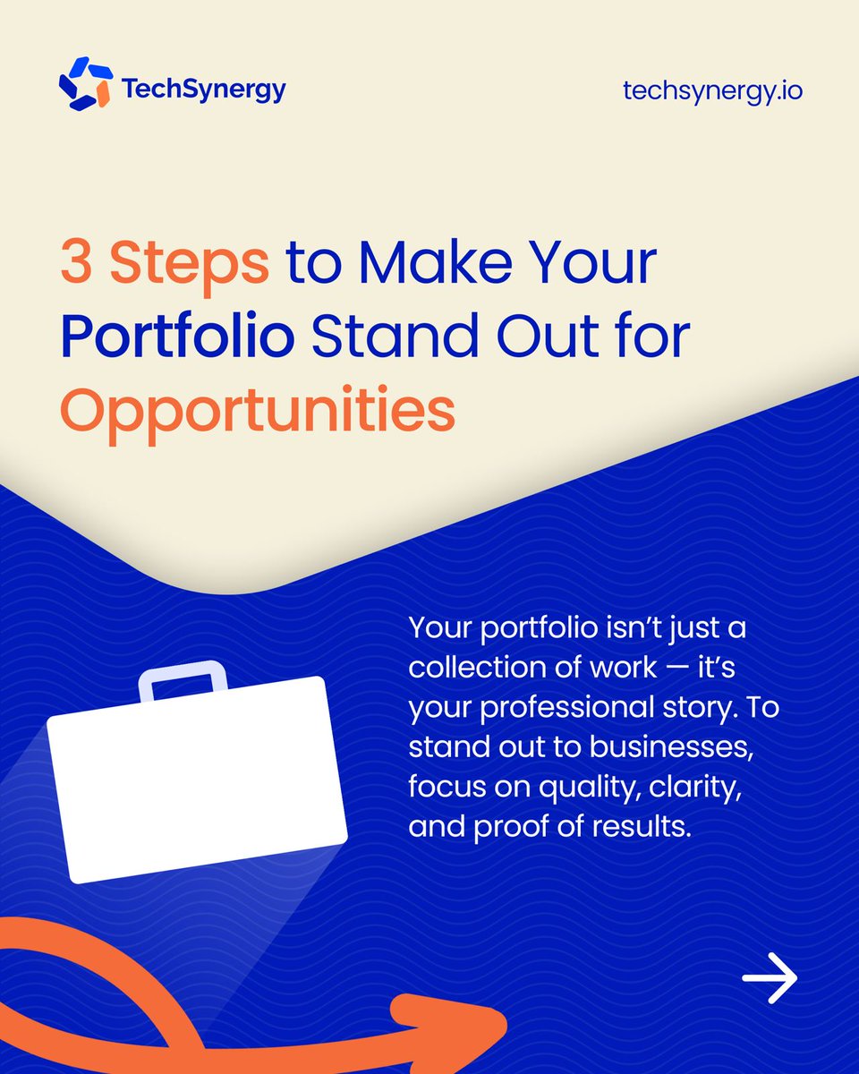 TechSynergyhub's tweet photo. Your portfolio isn’t just a collection of work - it’s your professional story. To stand out to businesses, focus on quality, clarity, and proof of results. 

Here are 3 actionable steps:

#TechSynergy #DigitalTalent #PortfolioMatters #CareerGrowth #AfricanTalent #SkillInAction https://t.co/9ShkwyjGBt