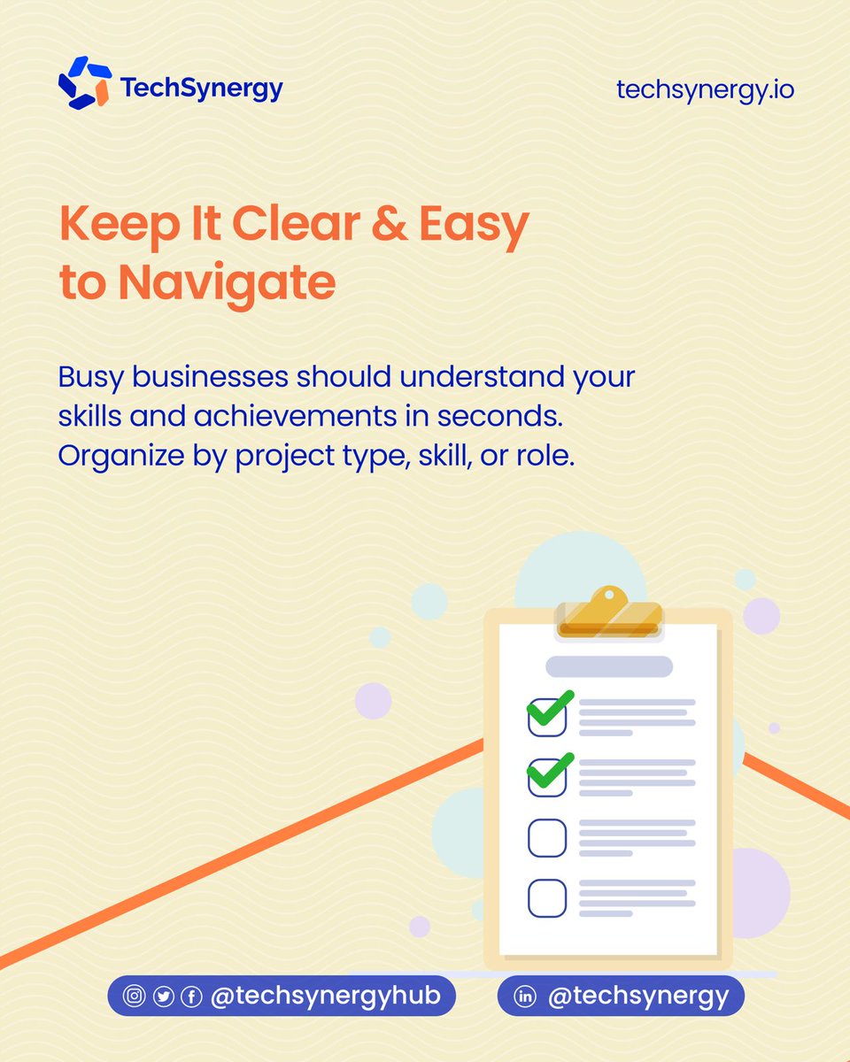TechSynergyhub's tweet photo. Your portfolio isn’t just a collection of work - it’s your professional story. To stand out to businesses, focus on quality, clarity, and proof of results. 

Here are 3 actionable steps:

#TechSynergy #DigitalTalent #PortfolioMatters #CareerGrowth #AfricanTalent #SkillInAction https://t.co/9ShkwyjGBt