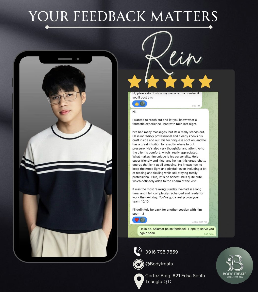 btwsreviews's tweet image. 📢Great feedback last night for Rein -the client was satisfied with the service and overall experience.

#ClientFeedback #BodyTreatsWellness #SkilledTherapist