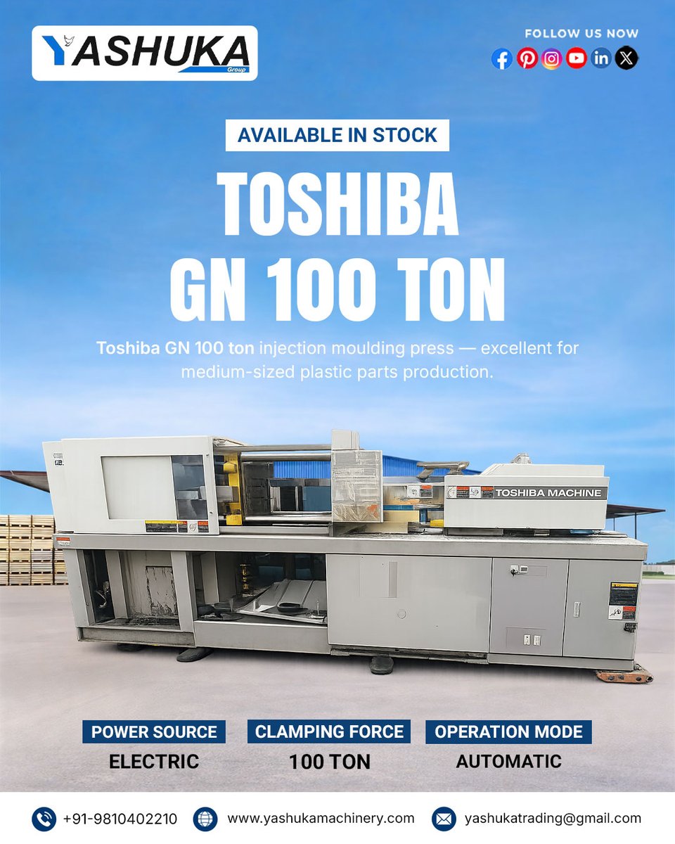 yashukagroup's tweet image. In Stock – Ready to Deliver!
🔷 TOSHIBA GN 100 Ton Injection Moulding Machine
⚡ Fully Electric | 🔄 Automatic | 💪 100 Ton Clamping
Ideal for efficient &amp;amp; precise plastic parts production.
📞 +91-9810402210
🌐 yashukamachinery.com
#Toshiba #InjectionMoulding #PlasticIndustry
