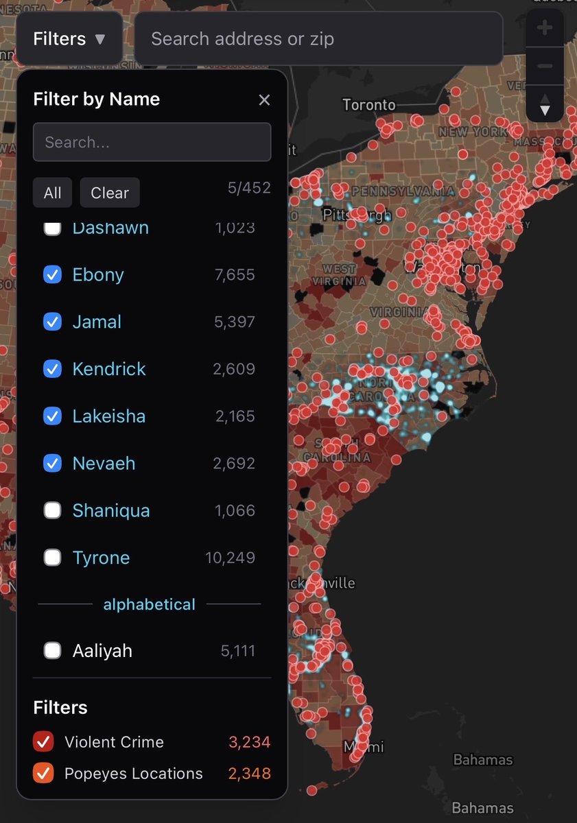 Someone built a website to avoid Black people.

Besides name filters, the map includes:
- Violent crime heat map
- Popeyes locations
- Waffle House locations

peaceandquiet.io