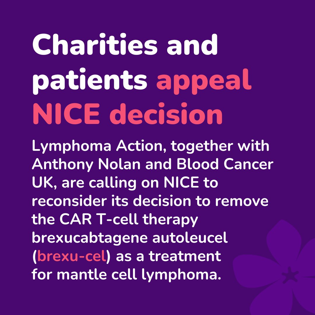 LymphomaAction's tweet photo. Lymphoma Action, together with @AnthonyNolan and @bloodcancer_uk, are calling on NICE to reconsider its decision to remove the CAR T-cell therapy brexucabtagene autoleucel (brexu-cel) as a treatment for mantle cell lymphoma. Read more: https://t.co/sz5hglLr17 @NICEComms #Tecartus https://t.co/R2TvQfl39X