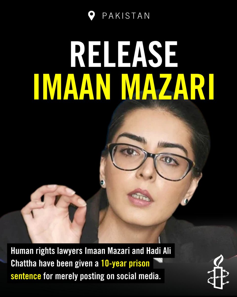 amnestysasia's tweet image. 🇵🇰 PAKISTAN: Amnesty International has issued an Urgent Action calling for the immediate and unconditional release of human rights lawyers Imaan Mazari and Hadi Ali Chattha, each sentenced to 10 years in prison over social media posts labelled “anti-state”. Since their arrest on…