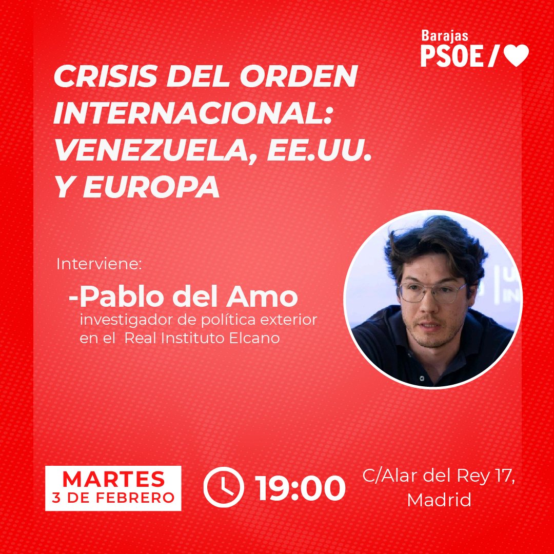 🌎 ¡Mañana tienes una cita con las relaciones internacionales 🇻🇪🇺🇸🇪🇺 y la crisis que están sufriendo de la mano de <a href="/delamopablo/">Pablo Del Amo</a>, investigador del <a href="/rielcano/">Real Instituto Elcano</a>!

📆 martes 3-feb
🕖 19:00
📍 C/Alar del Rey 17

¡Ven y participa en el debate 🗣️!

#Barajas