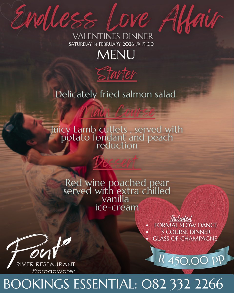 BroadWaterSA's tweet photo. An Endless Love Affair at Broadwater this February 2026!

Join us for a delightful formal slow dance and a glass of champagne at Pont Restaurant on Saturday, February 14, 2026, at 7:00 PM.

Make this Valentine’s Day one to cherish forever
Bookings are essential: Call 082 332 2266 https://t.co/gm1Uk8KxIR