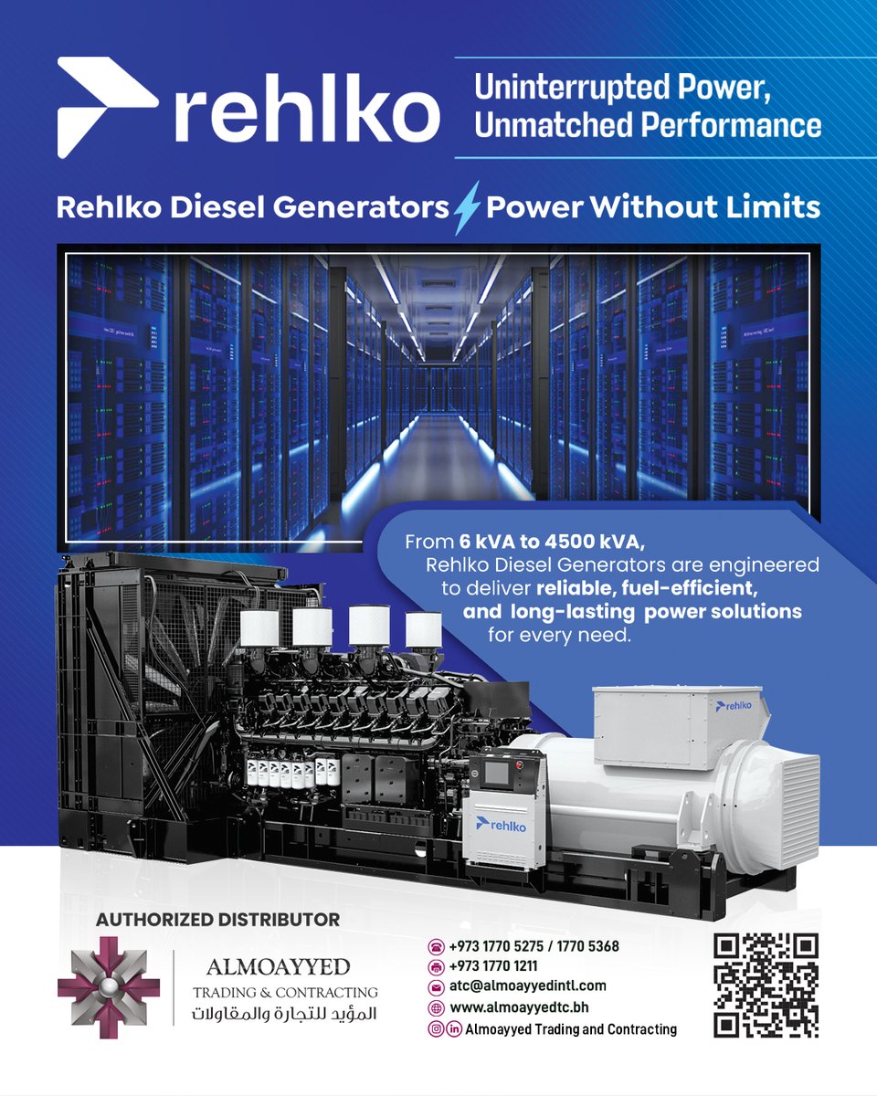 GDNonline's tweet image. Discover the power of Rehlko Diesel Generators – offering uninterrupted performance from 6 kVA to 4500 kVA. Engineered for reliability and efficiency, distributed by Almoayyed Trading &amp;amp; Contracting. #RehlkoGenerators #ReliablePower #AlmoayedT&amp;amp;C