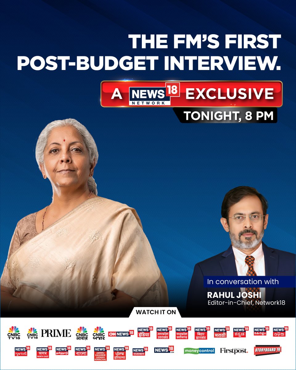 CNNnews18's tweet photo. A Mega News18 Network Exclusive.

Finance Minister @nsitharaman unpacks Budget 2026, in an exclusive conversation with Editor-in-Chief @18RahulJoshi 

Tune in, tonight at 8 PM 

#FMInterview #FinanceMinister #Budget2026 #CNNNews18 #BudgetWithNews18 #FMtoNews18 @nsitharamanoffc https://t.co/xJD5Y1XZO1