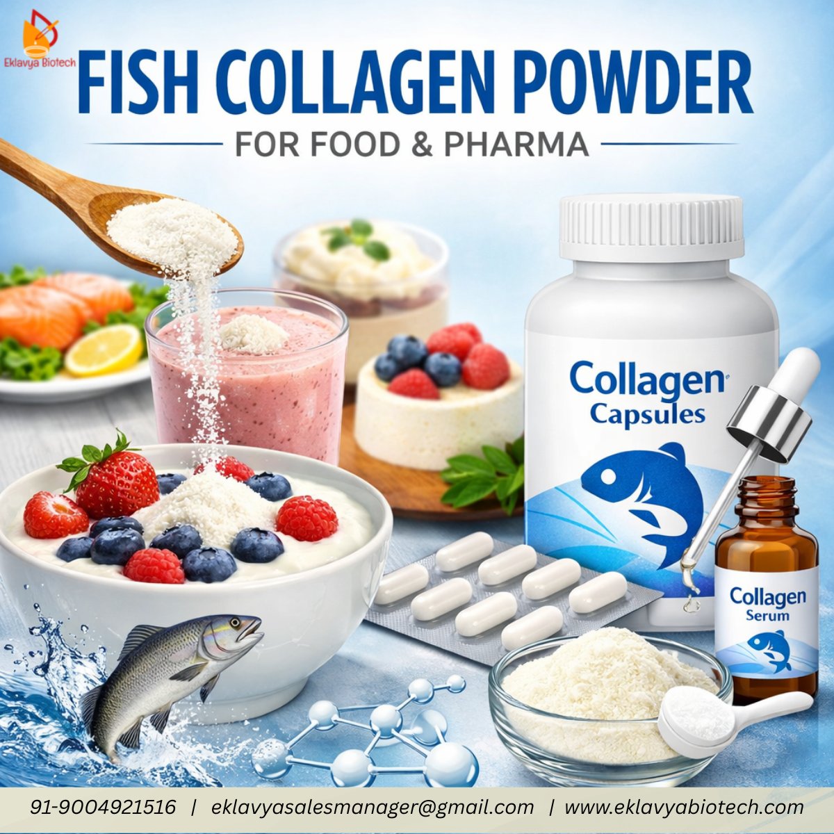 eklavyabiotech's tweet photo. Fish Collagen Powder – For Food &amp; Pharmaceutical Applications

Key Highlights:

Marine-derived, high-quality collagen

Suitable for food, nutraceutical, and pharma use

Excellent solubility and stability

Neutral odor and taste
   #fishcollagen #marinecollagen #collagen #powder https://t.co/Dcmrm4Ak9n