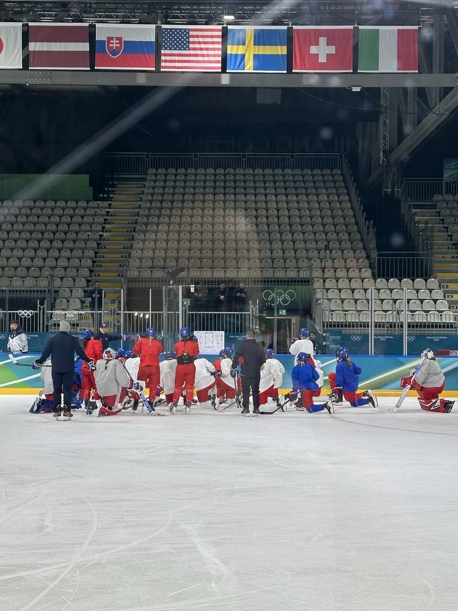 clahanna's tweet photo. Czechia Head Coach Carla MacLeod (2x Canadian Olympic gold medalist &amp; current @PWHL_Ottawa head coach) running Czechia through practice at Rho Ice Hockey Arena in Milan ahead of the Winter Olympics. 

#cbcolympics #milanocortina2026 https://t.co/ftI7IxMKuH