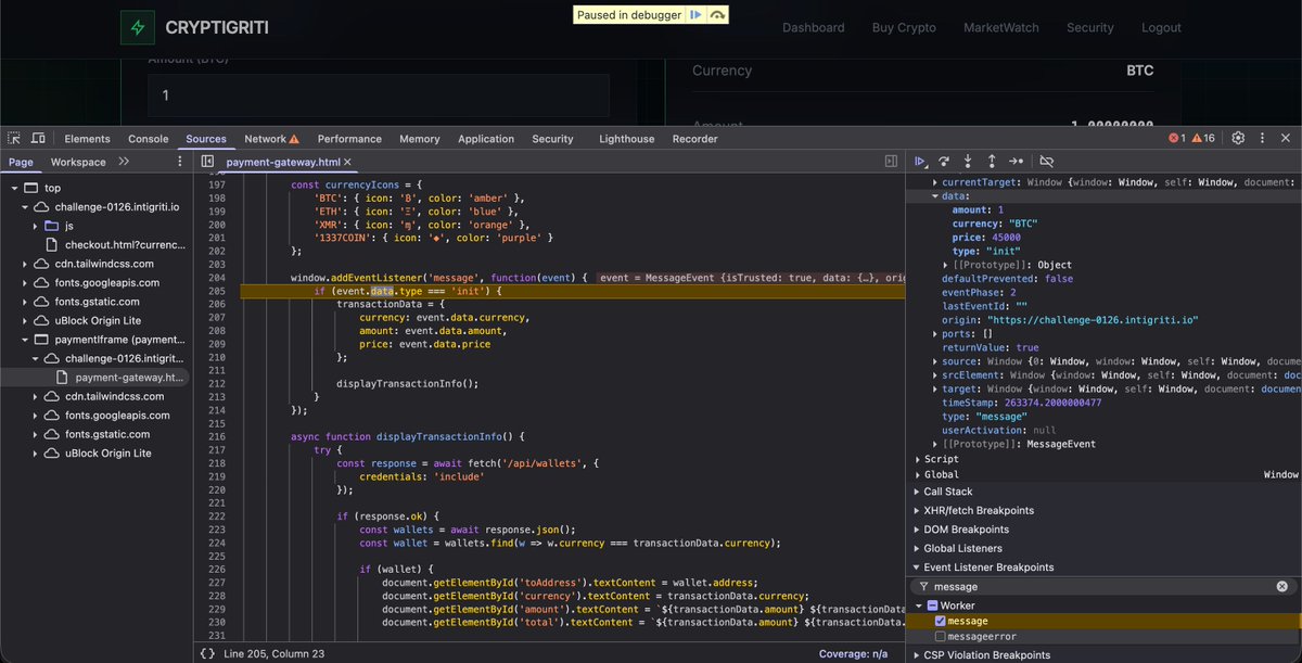 intigriti's tweet photo. Testing for postMessage vulnerabilities? 🤠 

Your web console includes this useful breakpoint feature that allows you to intercept postMessage calls! Here's how:

1. Navigate to your target that uses postMessages
2. Open the Sources tab in your web console
3. Check the message property under Event Listener Breakpoints
4. Whenever a new postMessage call is received, you'll be able to fully inspect it, including the code!

More in next post! 👇