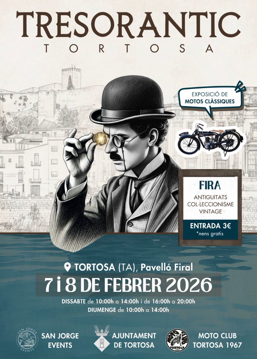 Tortosa's tweet image. FIRES | L’Ajuntament de Tortosa dona suport a Tresorantic Tortosa, fira de referència d’antiguitats, col·leccionisme i vintage, amb exposició de motos clàssiques.

📍 Pavelló Firal
📅 7 i 8 de febrer de 2026
🎟️ 3 € (infants gratuït)

#Tortosa #Cultura #Patrimoni